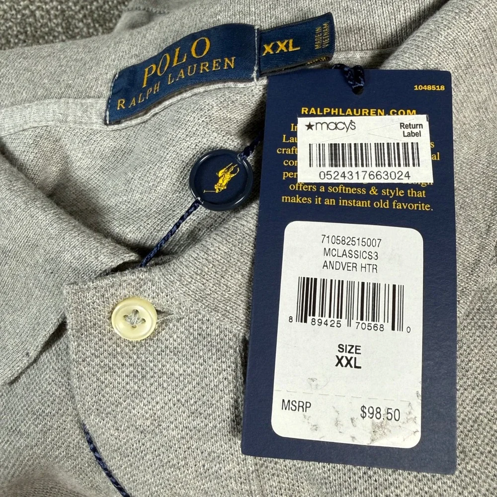 Polo Ralph Lauren Polo Shirt Long‎ Sleeve Mens XXL Grey Cotton Mesh New Tag